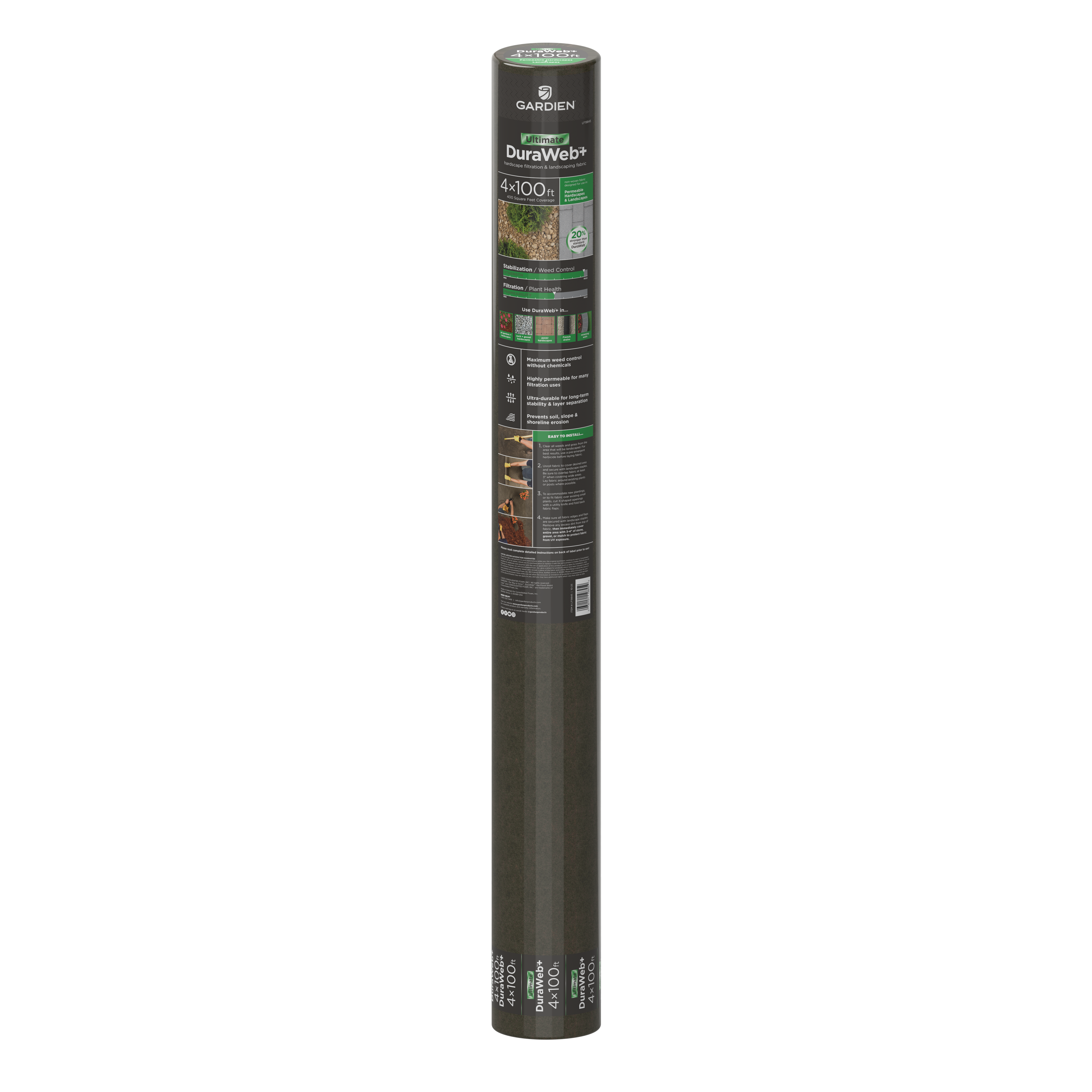 Full view of a packaged roll of Gardien Ultimate DuraWeb+ landscape fabric on a white/transparent background