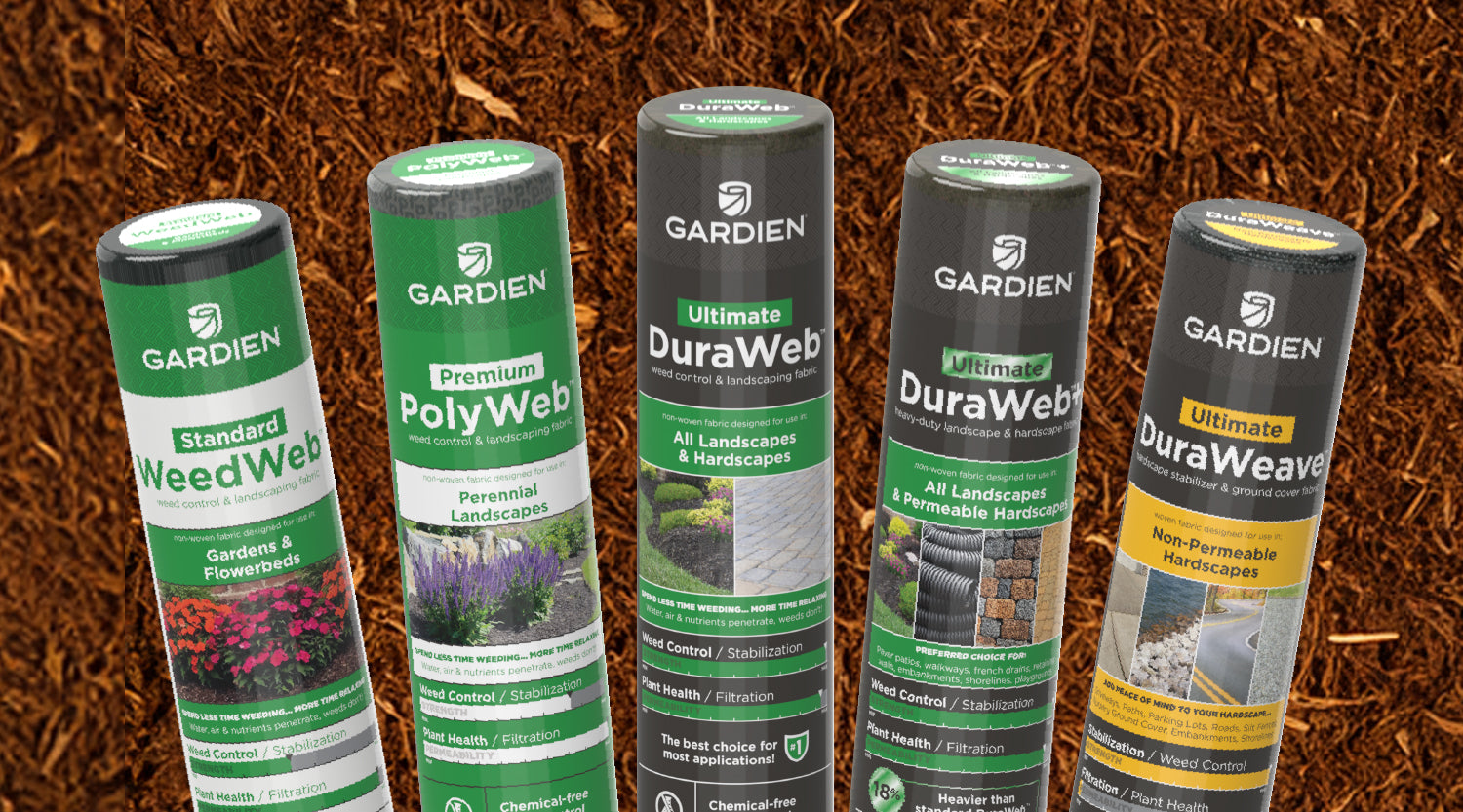 5 rolls of Gardien brand landscape fabric and geotextile fabric on a mulch background.