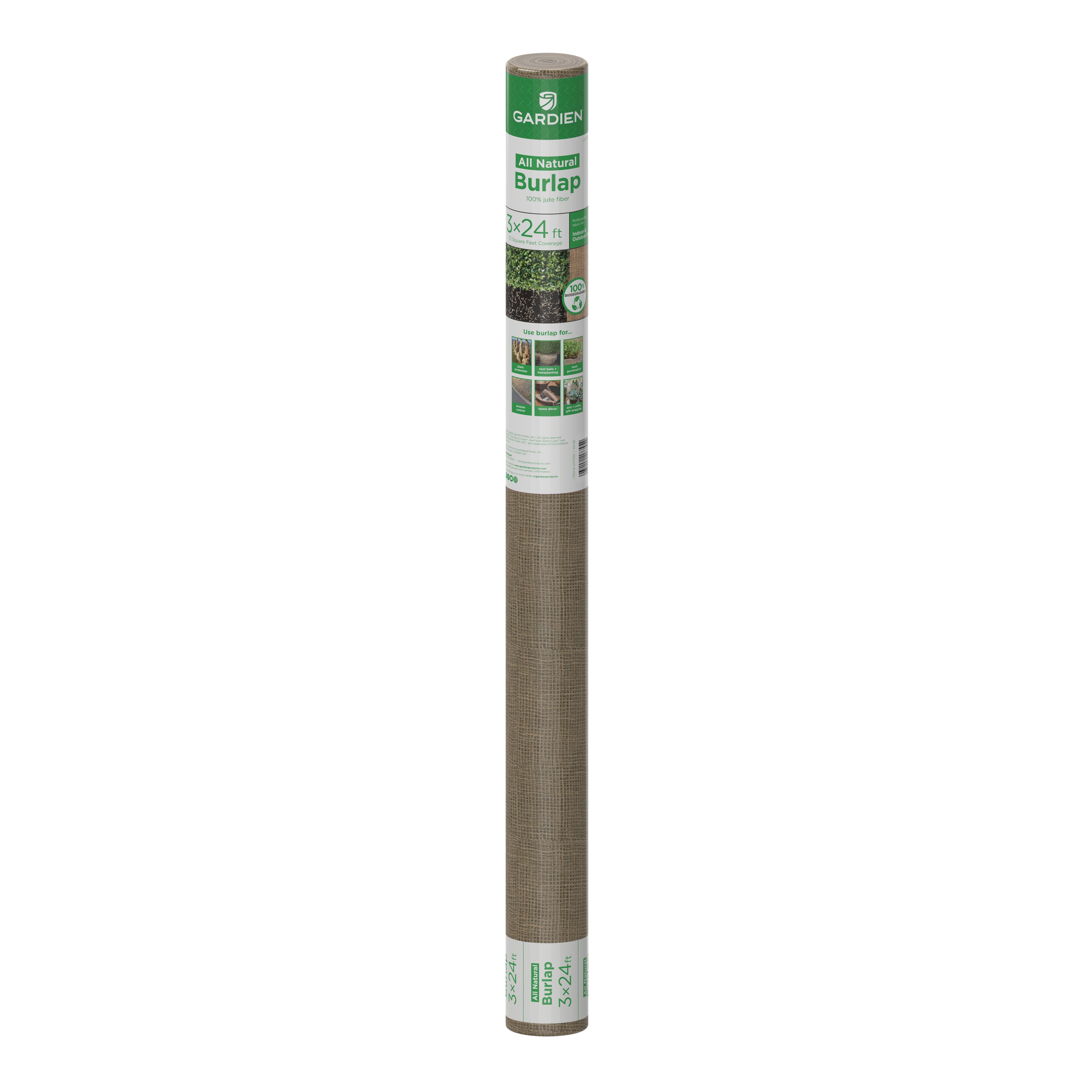 Roll of Gardien all-natural burlap on a white background