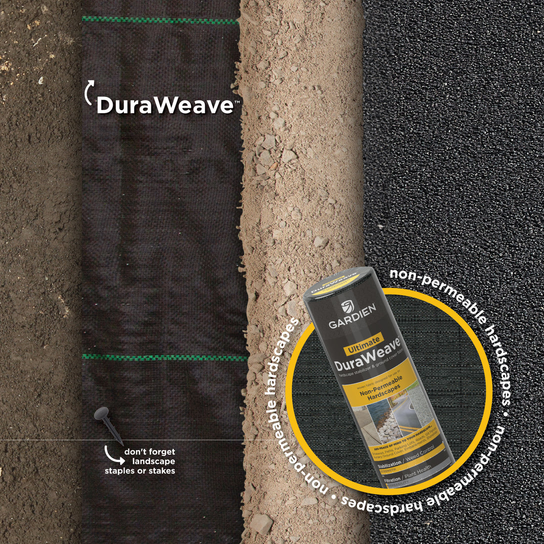 Overhead in-use DuraWeave landscape fabric layered with paver base and asphalt.