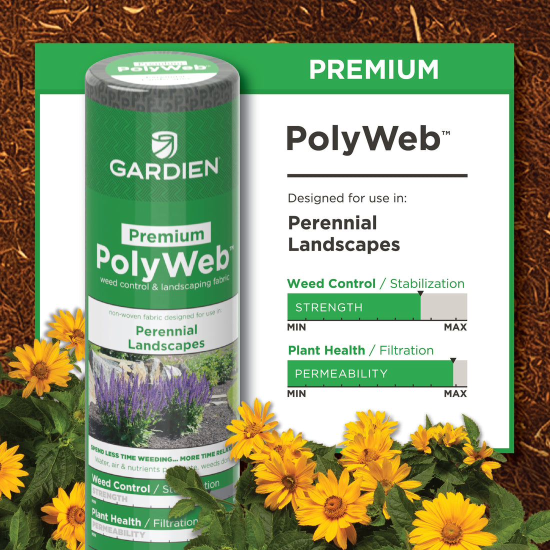 A roll of Gardien PolyWeb landscape fabric designed for perennial landscapes, displayed with flowers in the background and product information on a label.