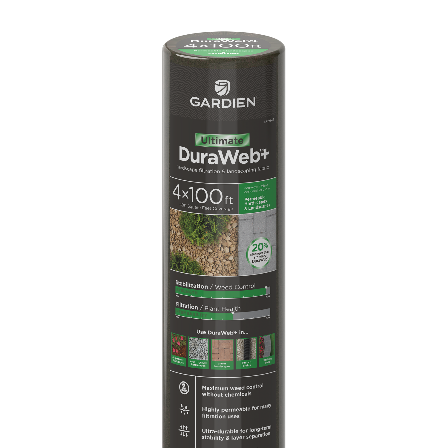 Close-up view of a packaged roll of Gardien Ultimate DuraWeb+ landscape fabric on a white/transparent background