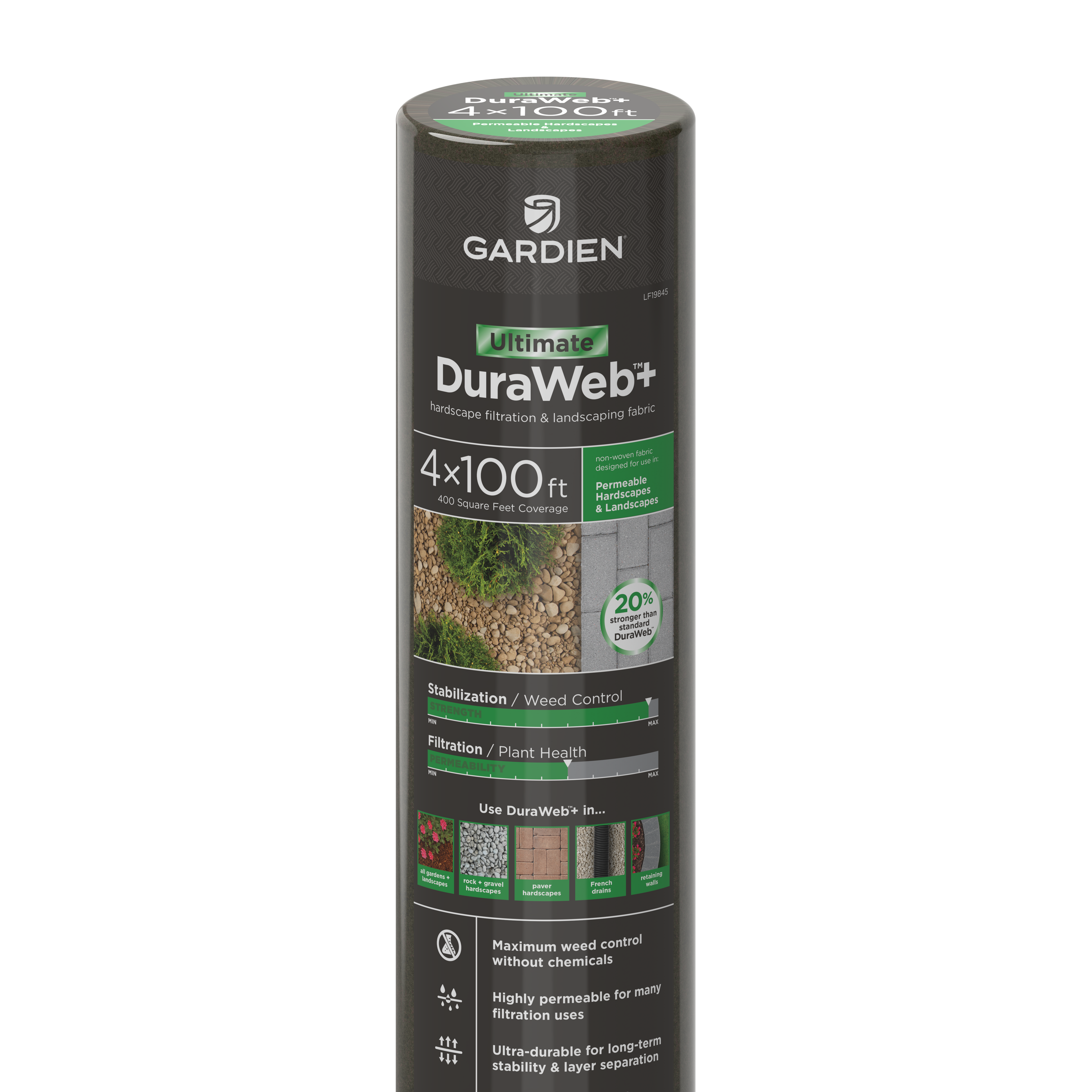 Close-up view of a packaged roll of Gardien Ultimate DuraWeb+ landscape fabric on a white/transparent background