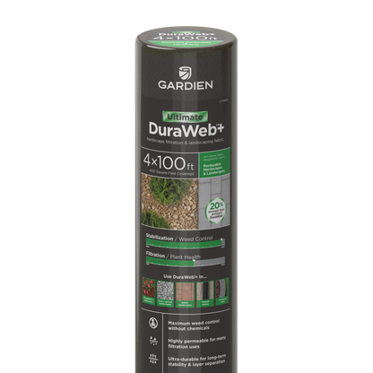Close-up view of a packaged roll of Gardien Ultimate DuraWeb+ landscape fabric on a white/transparent background