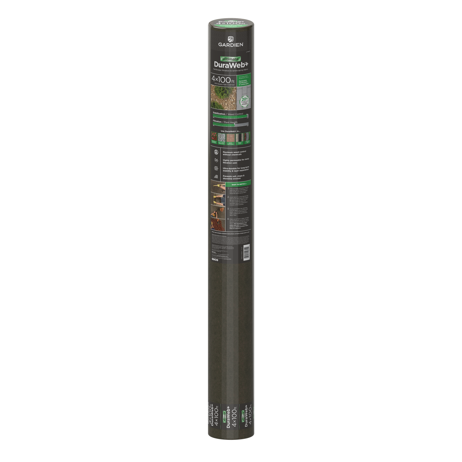 Full view of a packaged roll of Gardien Ultimate DuraWeb+ landscape fabric on a white/transparent background