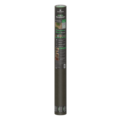 Full view of a packaged roll of Gardien Ultimate DuraWeb+ landscape fabric on a white/transparent background