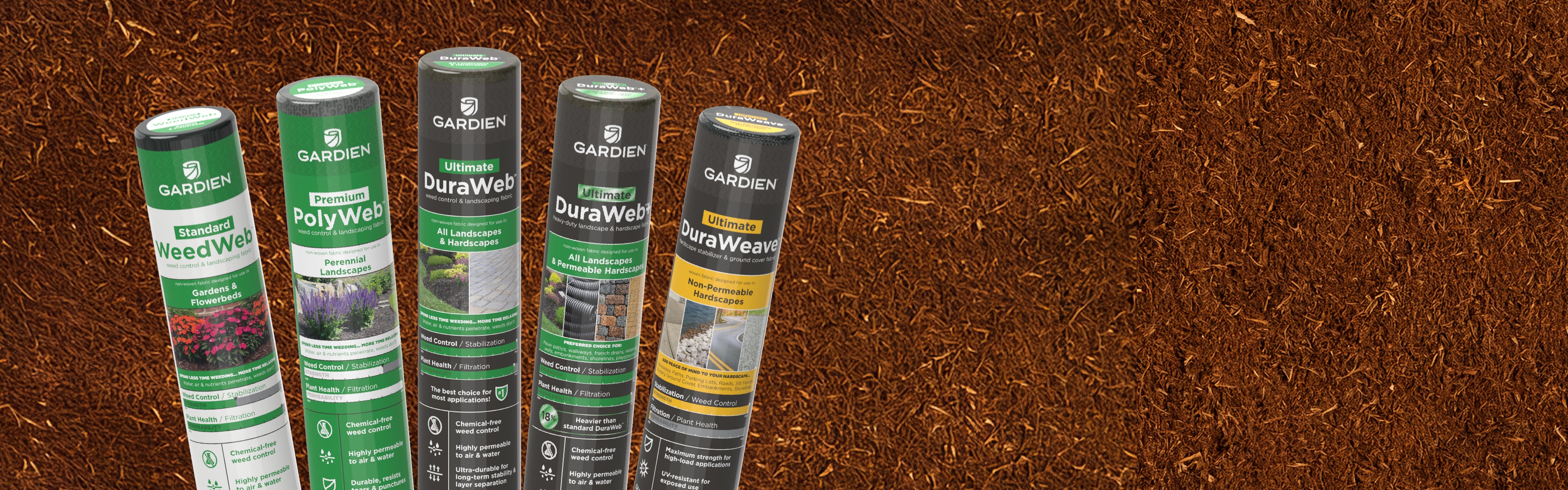 5 rolls of Gardien brand landscape fabric and geotextile fabric on a mulch background.