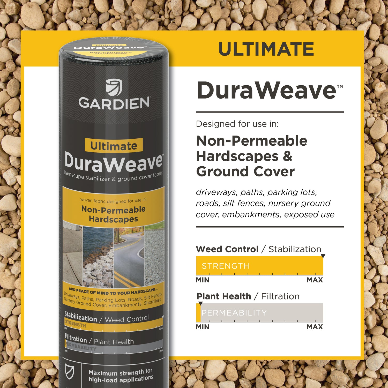 Gardien DuraWeave product packaging on a gravel background