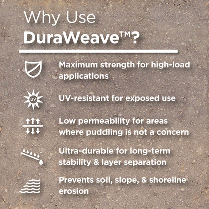 Text on a concrete background. 
Text reads: &quot;Why use DuraWeave? Maximum strength for high-load applications. UV-reistant for exposed use. Low permeability for areas where puddling is not a concern. Ultra-durable for long-term stability and layer separation. Prevents soil, slope, and shoreline erosion.&quot;