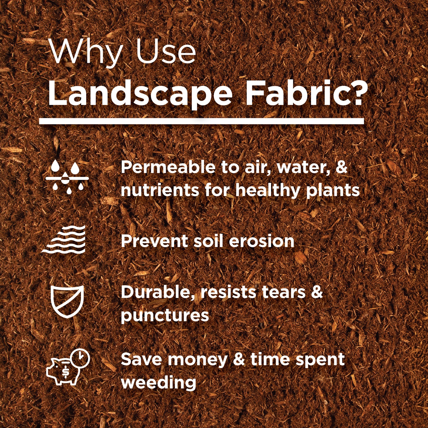 Text reads "Why use landscape fabric" with icons explaining benefits - "permeable to air, water, and nutrients for healthy plants," "prevent soil erosion," "durable, resists tears and punctures," and "save money and time spent weeding," all on a brown mulch background