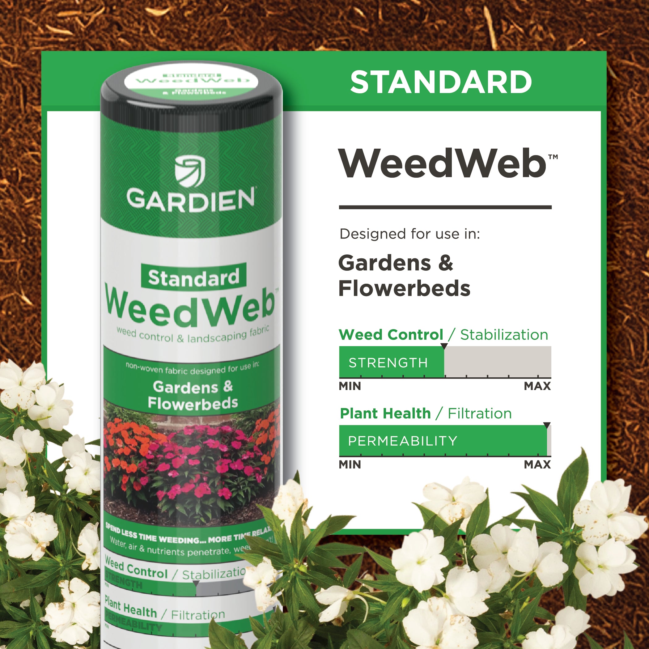 A roll of WeedWeb landscape fabric designed for use in gardens and flowerbeds, with a product label indicating weed control, plant health, and permeability features.