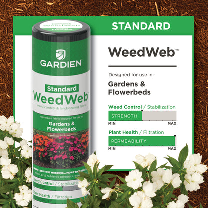 A roll of WeedWeb landscape fabric designed for use in gardens and flowerbeds, with a product label indicating weed control, plant health, and permeability features.