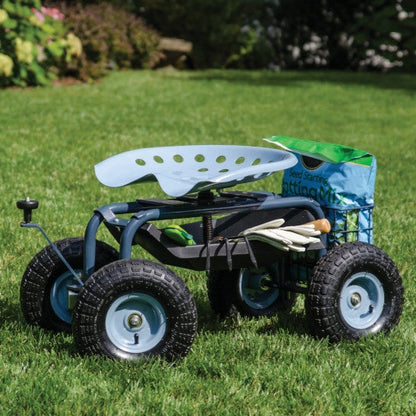 Scoot-N-Steer in yard with potting soil and gardening tools in the cart